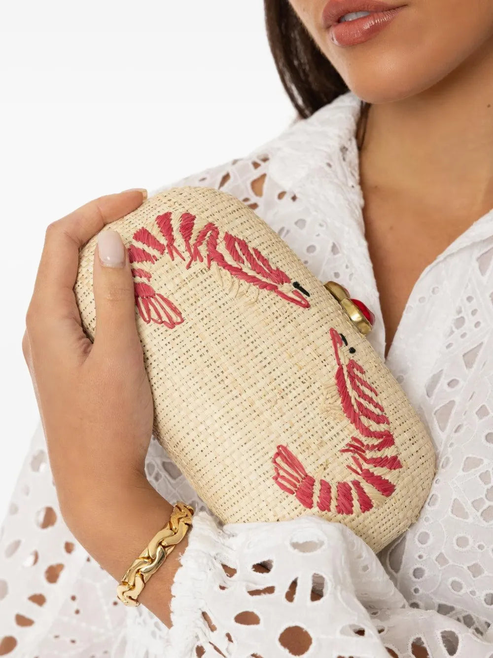 Pamela MunsonShrimp Cocktail embroidered raffia clutch