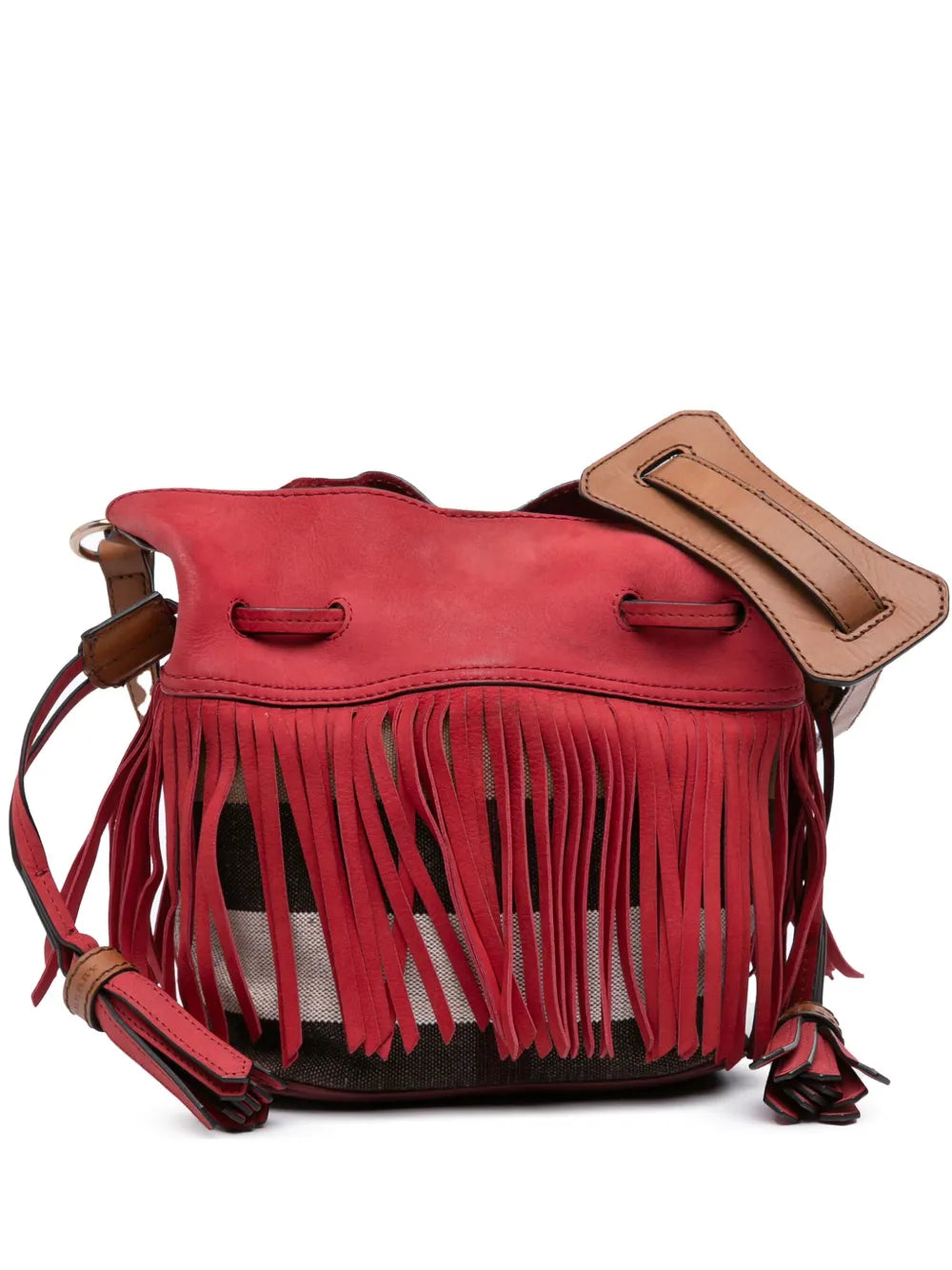 Pre-OwnedBurberry Pre-Owned2000-2017 Small Mega Check Canvas and Suede Fringe Belgrove bucket bag