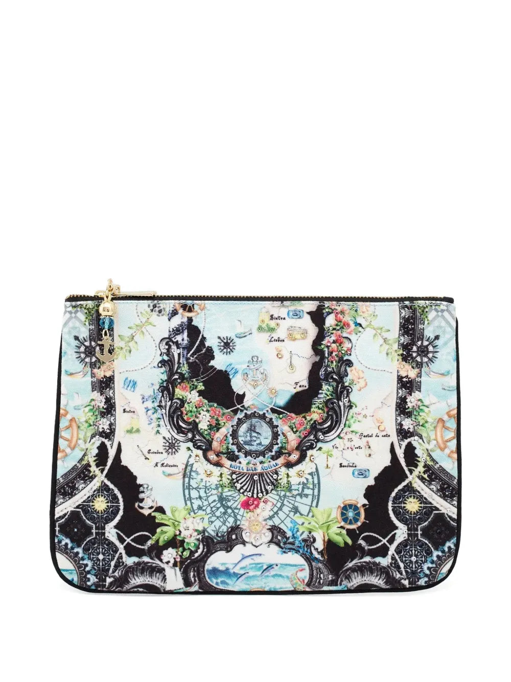 Camillapatterned anchor-charm clutch bag